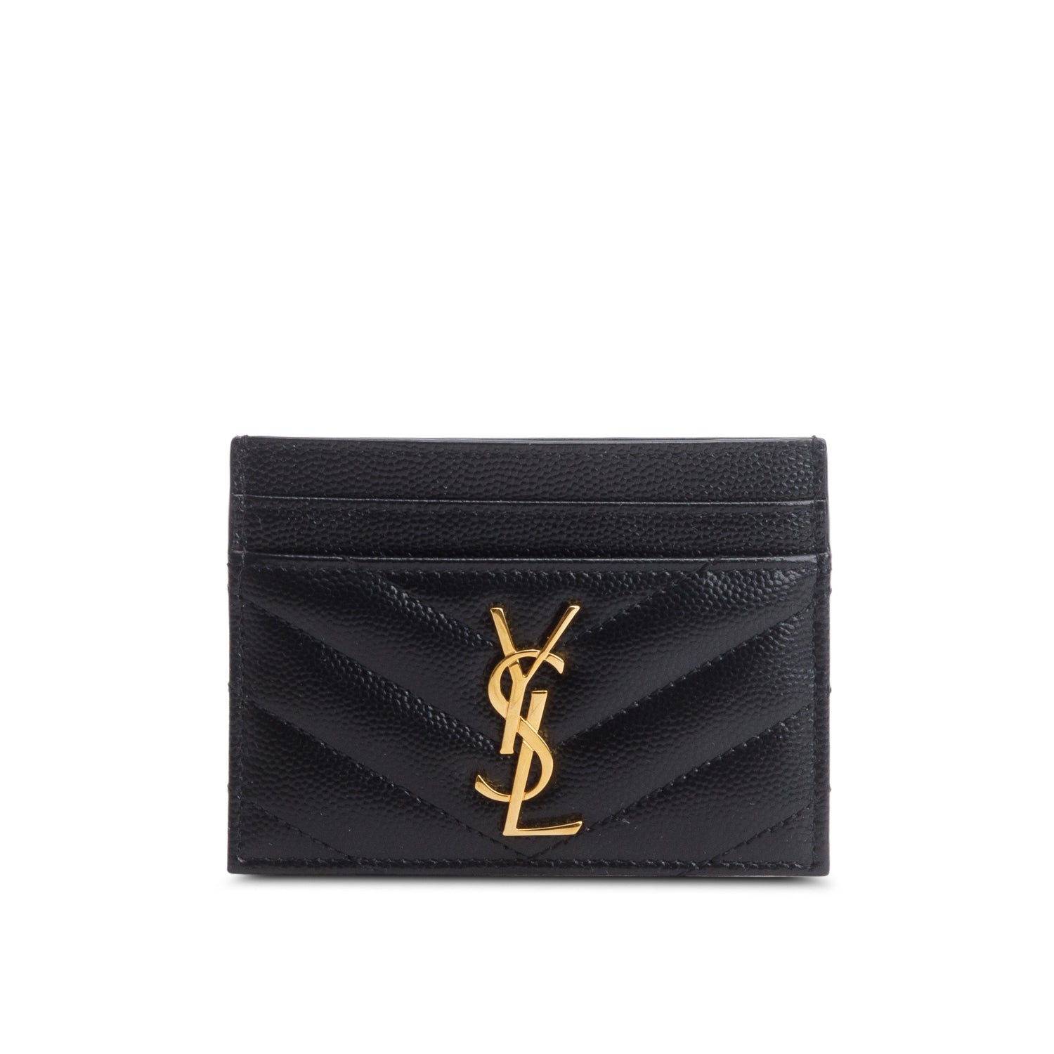 Saint Laurent 2021 Black Grain de Poudre Chevron Cassandre Card Holder w/ Box