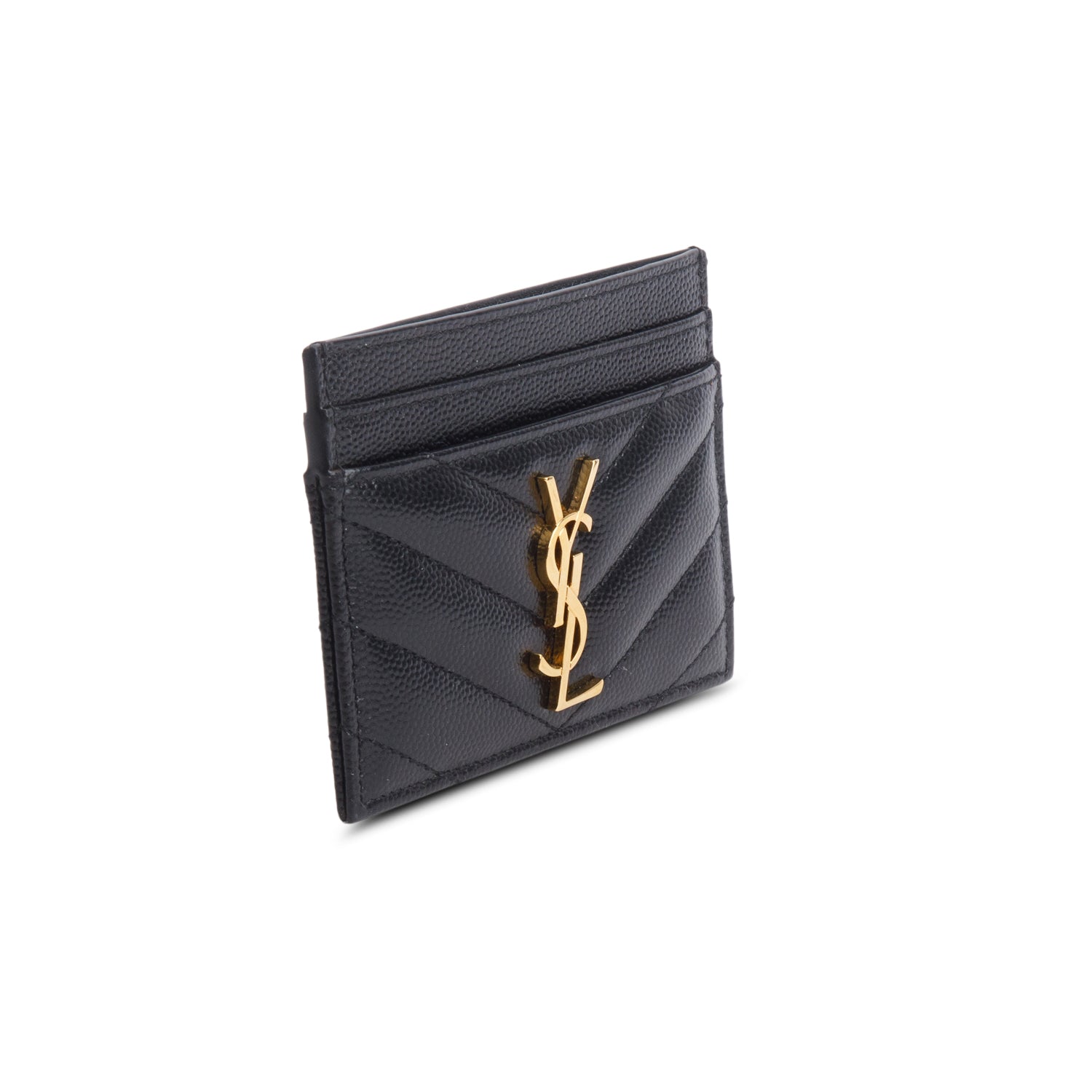 Saint Laurent 2021 Black Grain de Poudre Chevron Cassandre Card Holder w/ Box