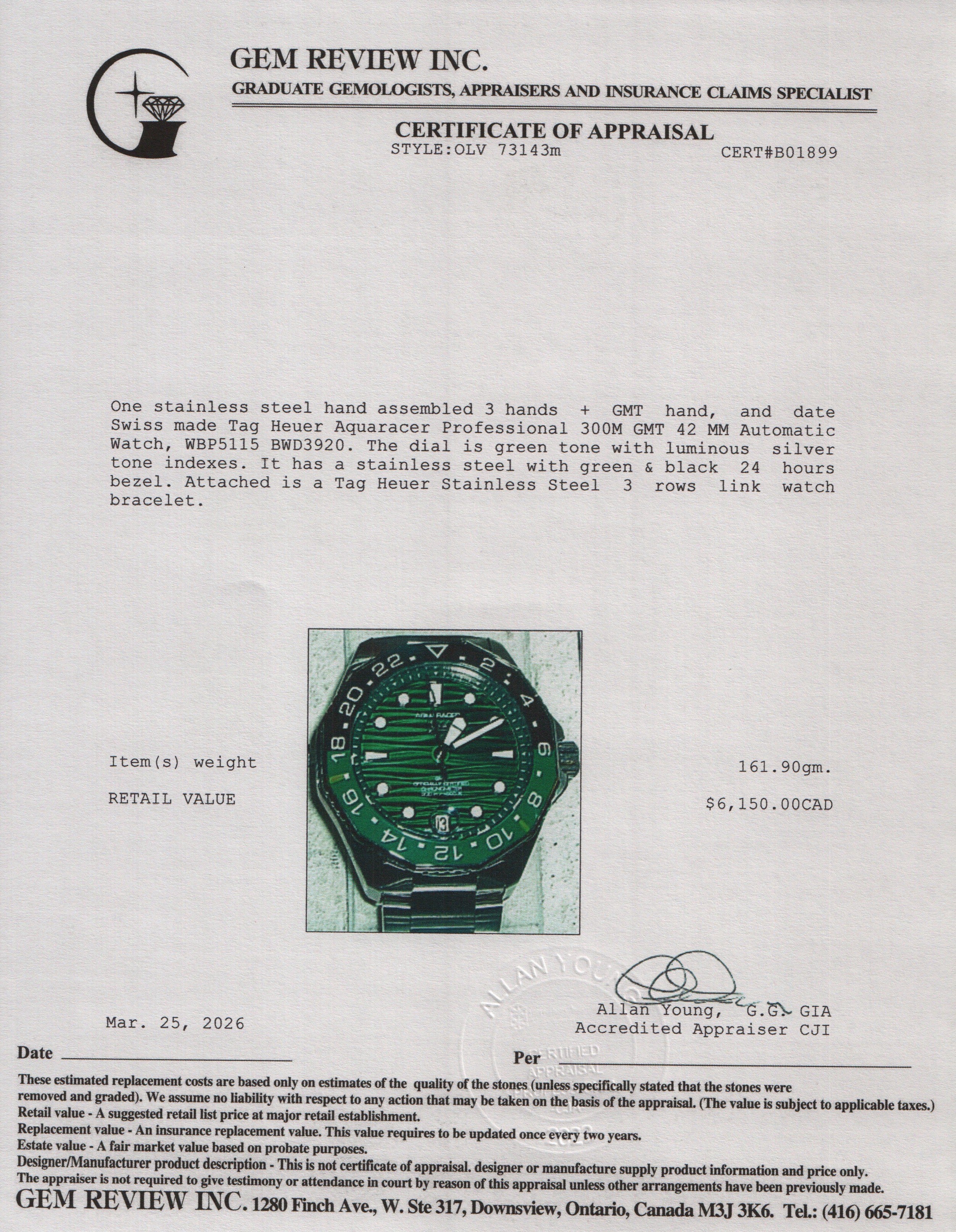 Tag Heuer Stainless Steel Aquaracer Professional 300M GMT 42 MM Automatic Watch Green Dial WBP5115 w/ Box & Papers