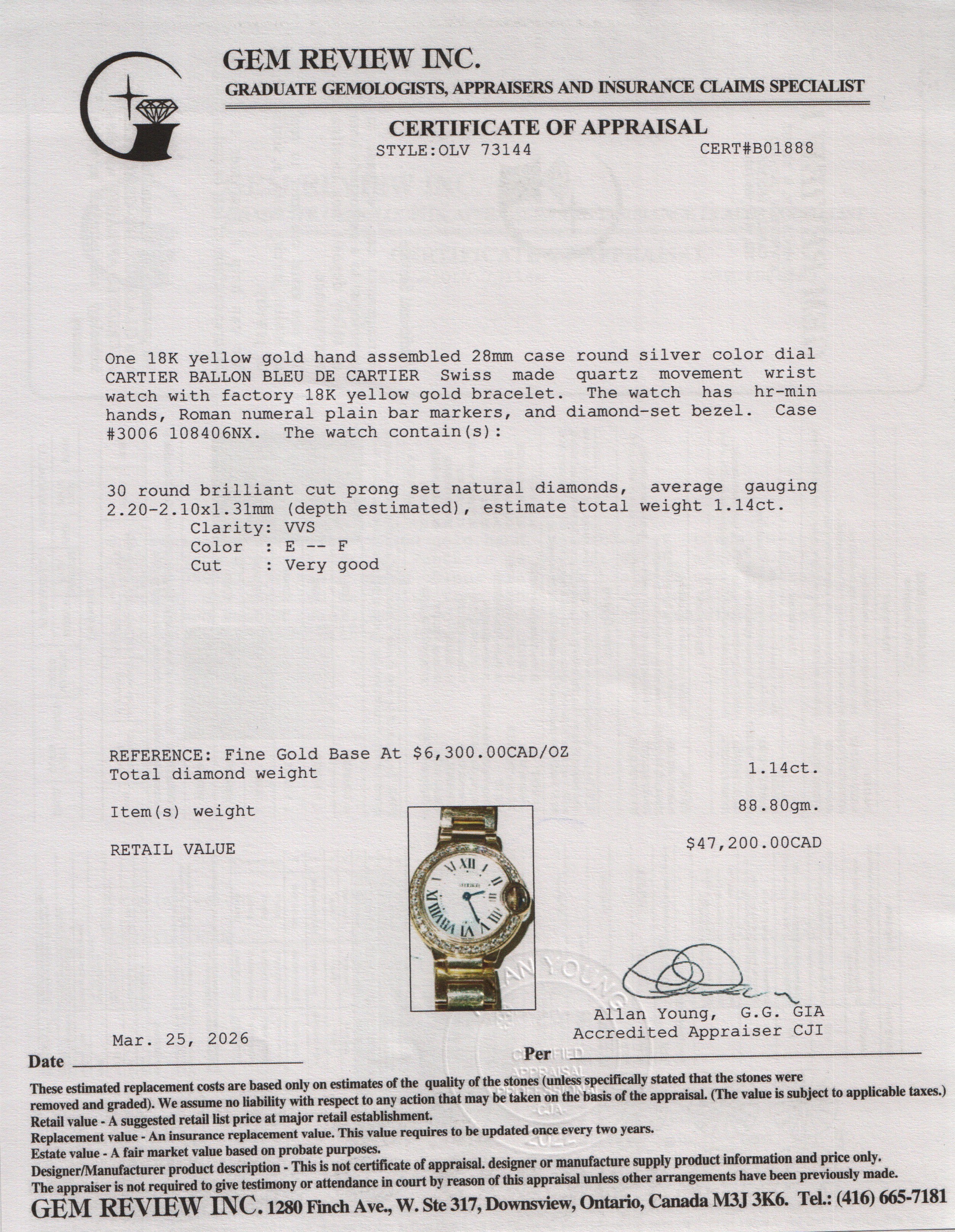 Cartier 18k Yellow Gold Diamond Bezel Ballon Bleu de Cartier 28 MM Quartz Watch 3006 w/ Box & Papers