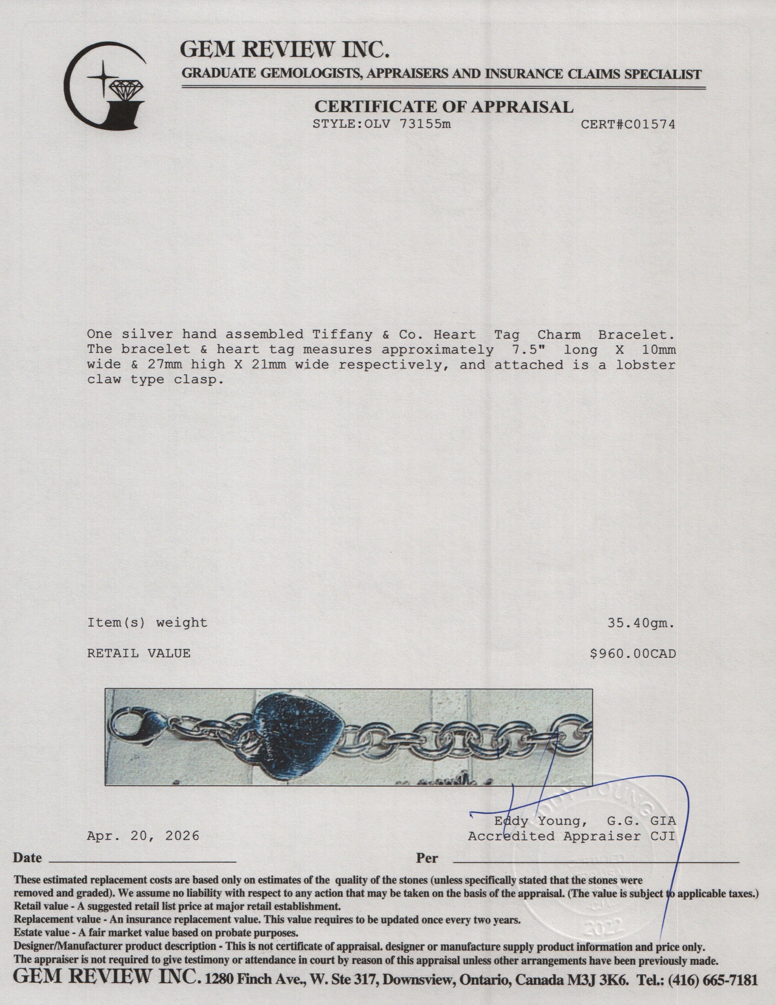 Tiffany & Co. Sterling Silver Heart Tag Charm Bracelet