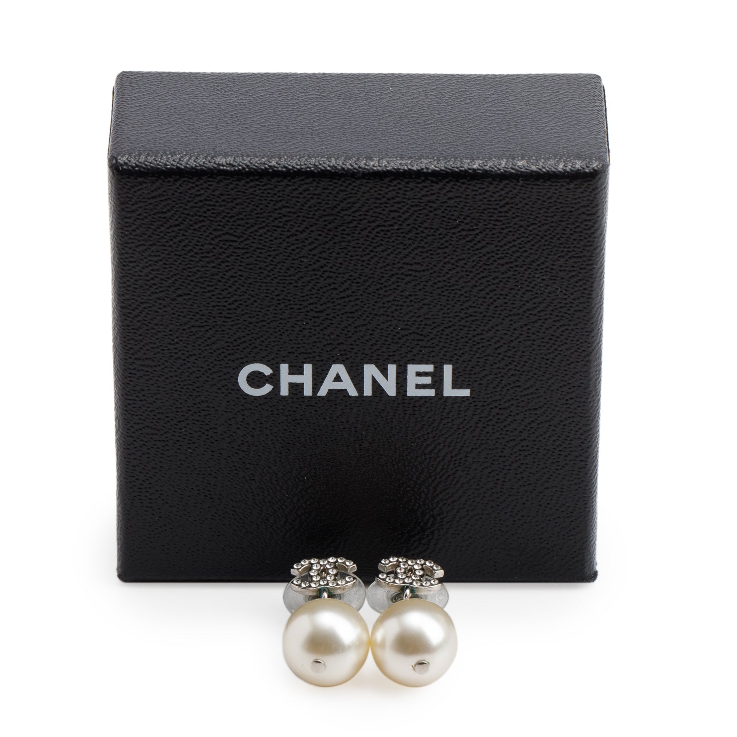 Chanel Palladium Plated Faux Pearl & Strass CC Drop Earrings w/ Box