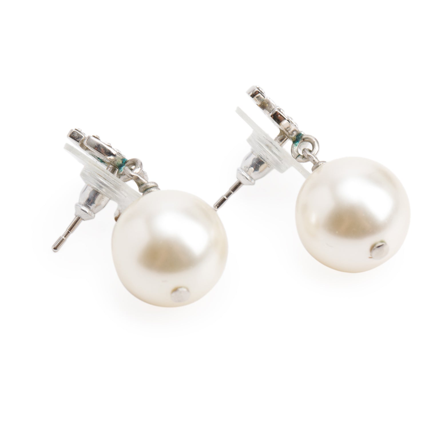 Chanel Palladium Plated Faux Pearl & Strass CC Drop Earrings w/ Box