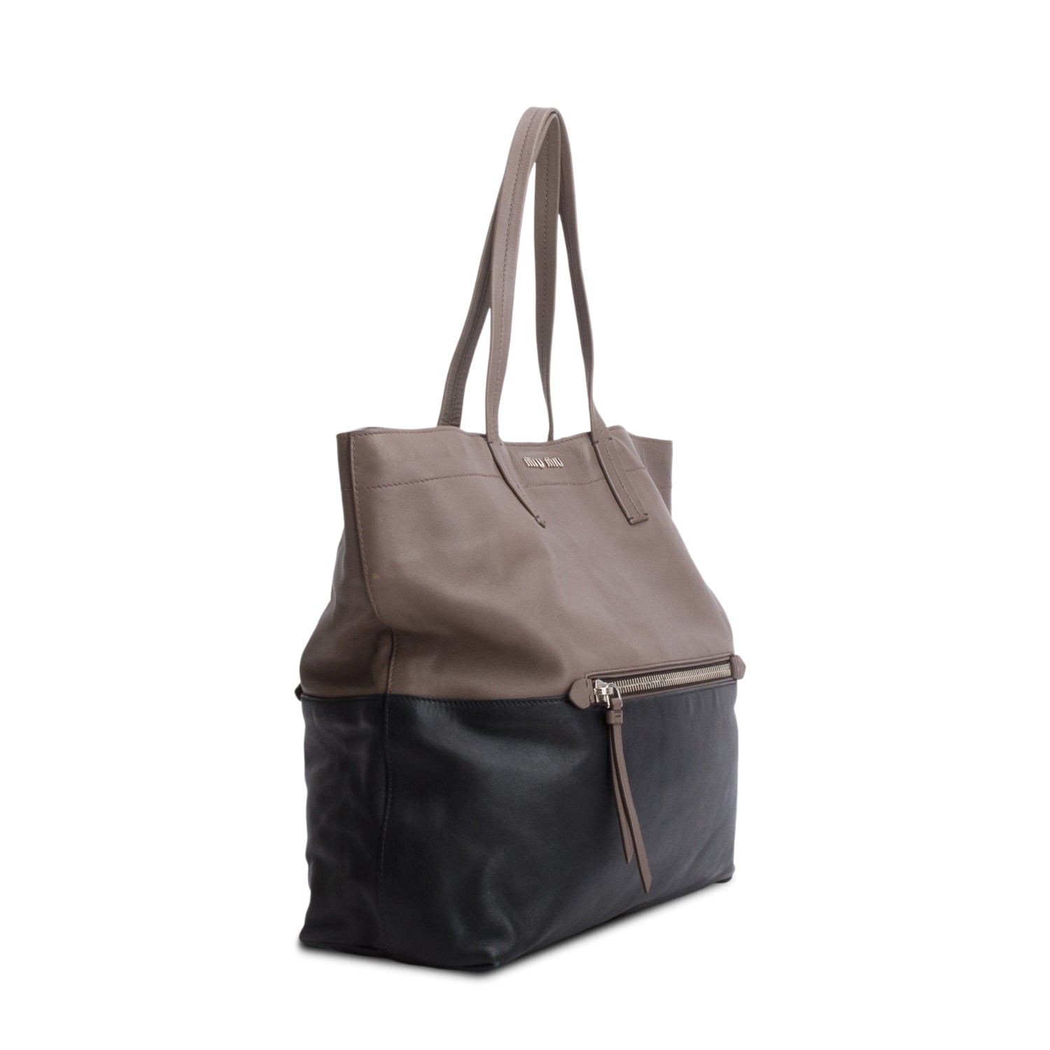 Miu Miu Taupe/Black Vitello Soft Leather Shopping Tote w/ Authenticity Card