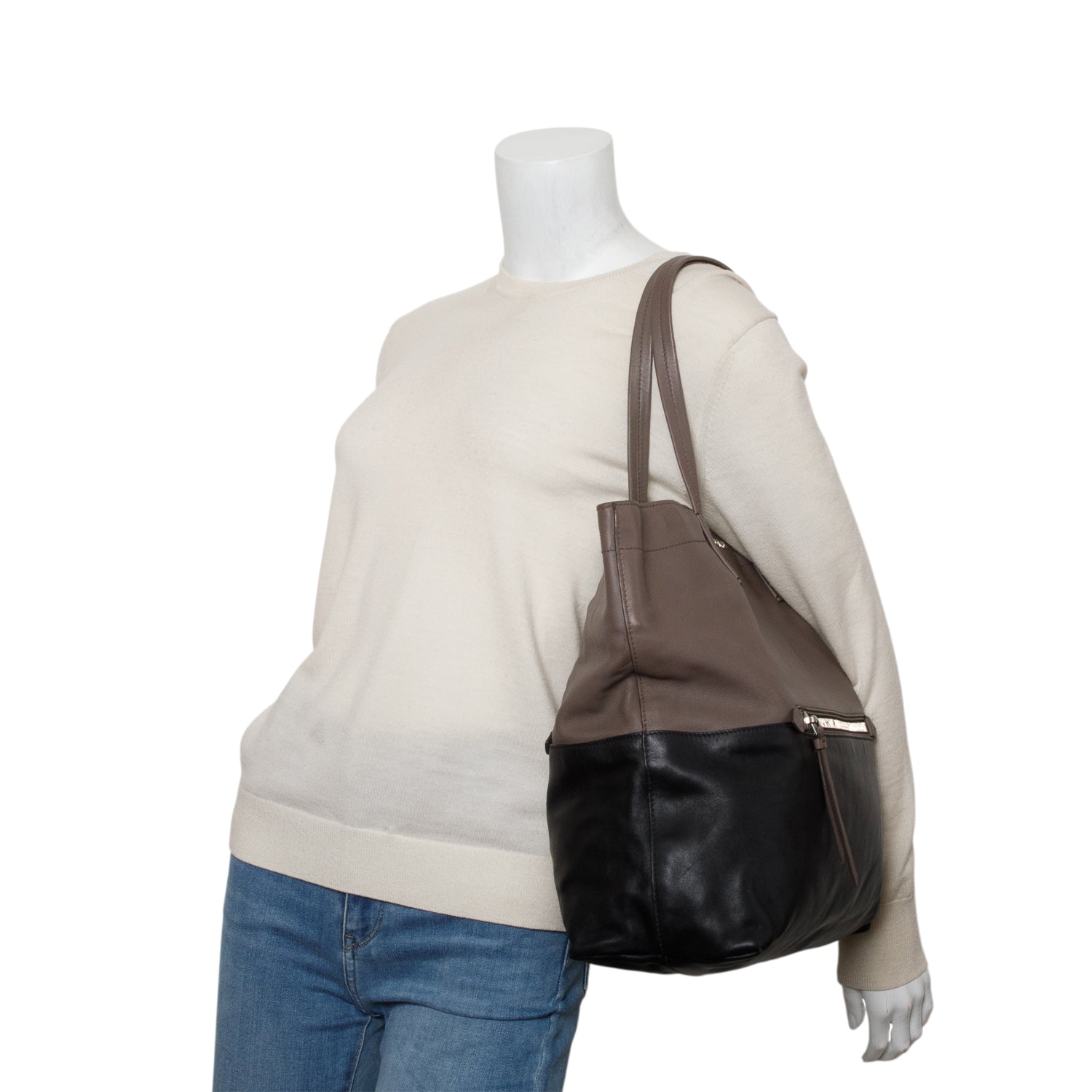 Miu Miu Taupe/Black Vitello Soft Leather Shopping Tote w/ Authenticity Card