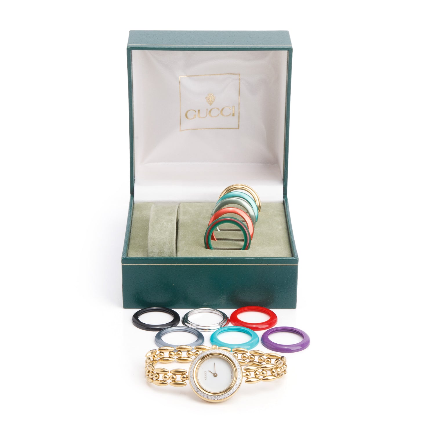 Gucci Gold Plated Stainless Steel 1100 Series 26 MM Watch White Dial w/ Box & 12 Multicolour Bezels