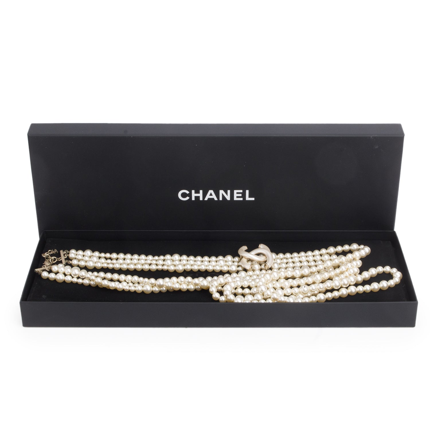 Chanel Gold-Plated Triple Strand Faux Pearl Enamel CC Long Necklace w/ Box