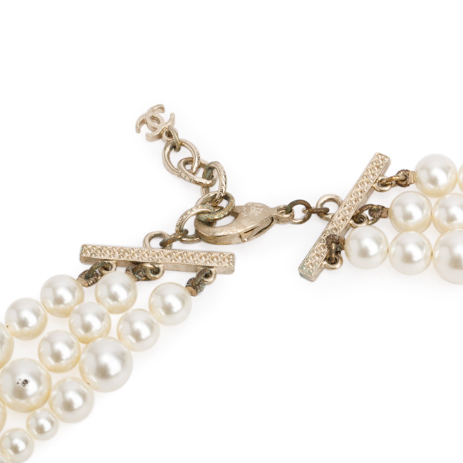 Chanel Gold-Plated Triple Strand Faux Pearl Enamel CC Long Necklace w/ Box
