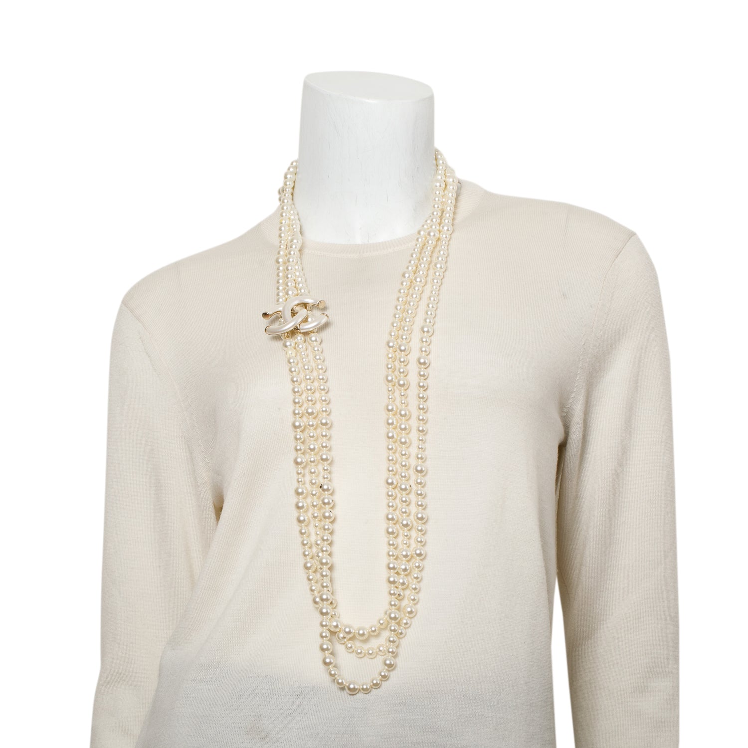 Chanel Gold-Plated Triple Strand Faux Pearl Enamel CC Long Necklace w/ Box