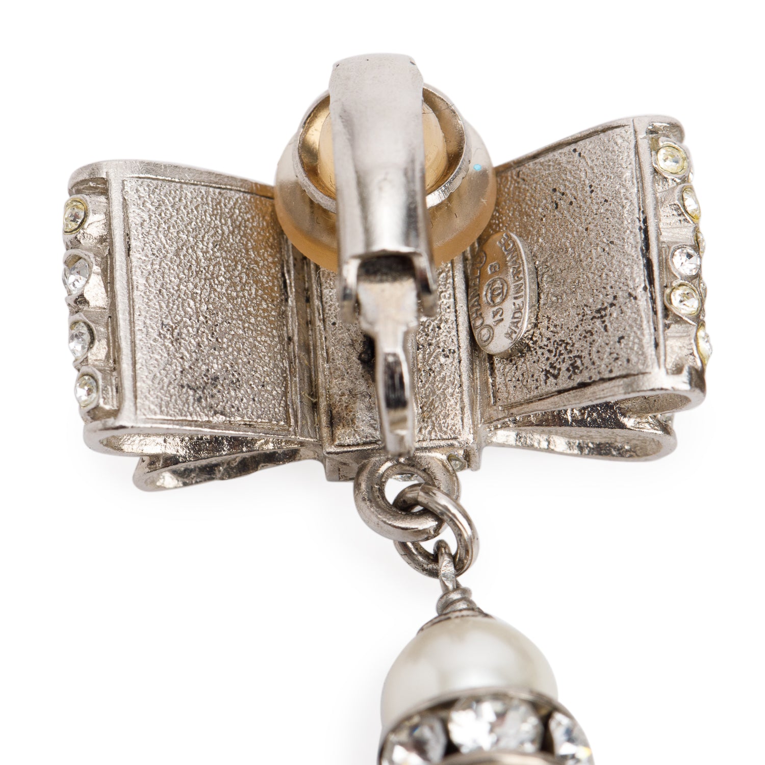 Chanel Palladium Plated Faux Pearl & Strass Bow Drop Earrings w/ Box