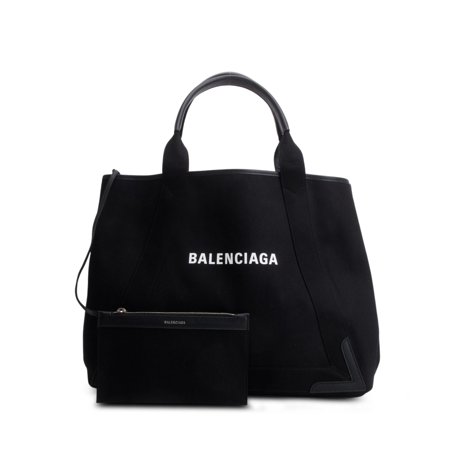 Balenciaga Black Cotton Canvas Calfskin Medium Cabas Tote w/ Pouch