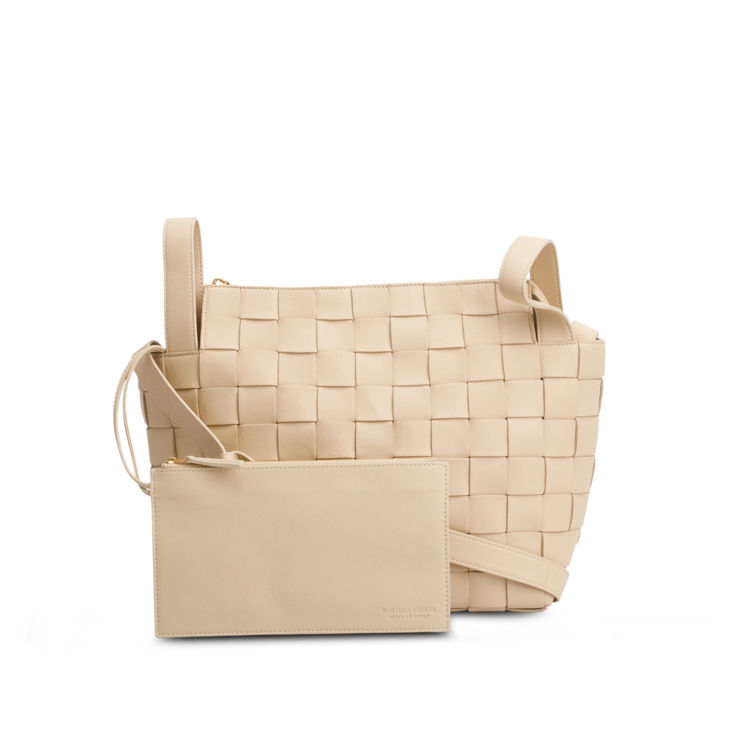 Bottega Veneta Beige Lambskin Maxi Intrecciato Bowling Cassette Shoulder Bag w/ Pouch