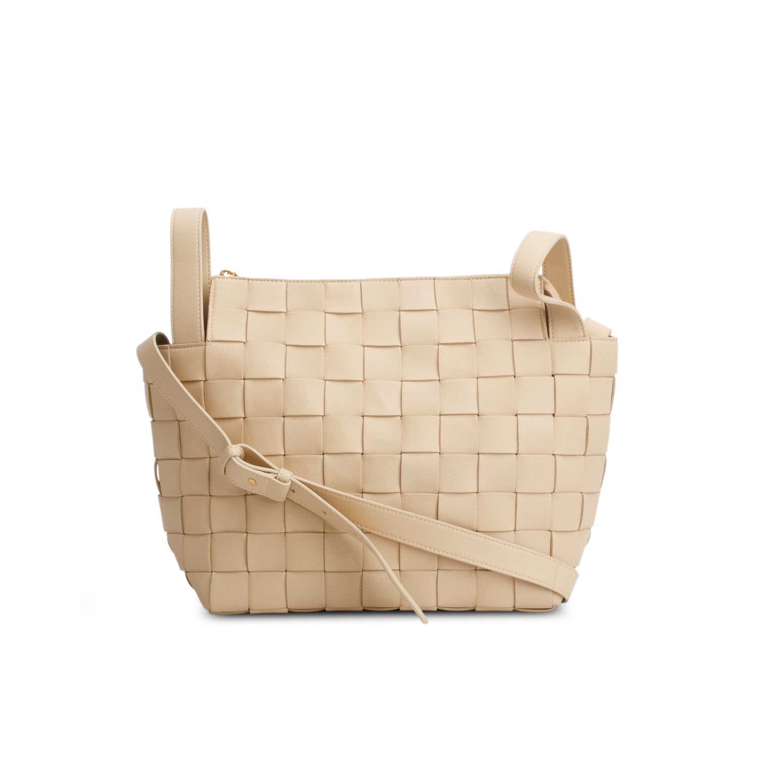 Bottega Veneta Beige Lambskin Maxi Intrecciato Bowling Cassette Shoulder Bag w/ Pouch