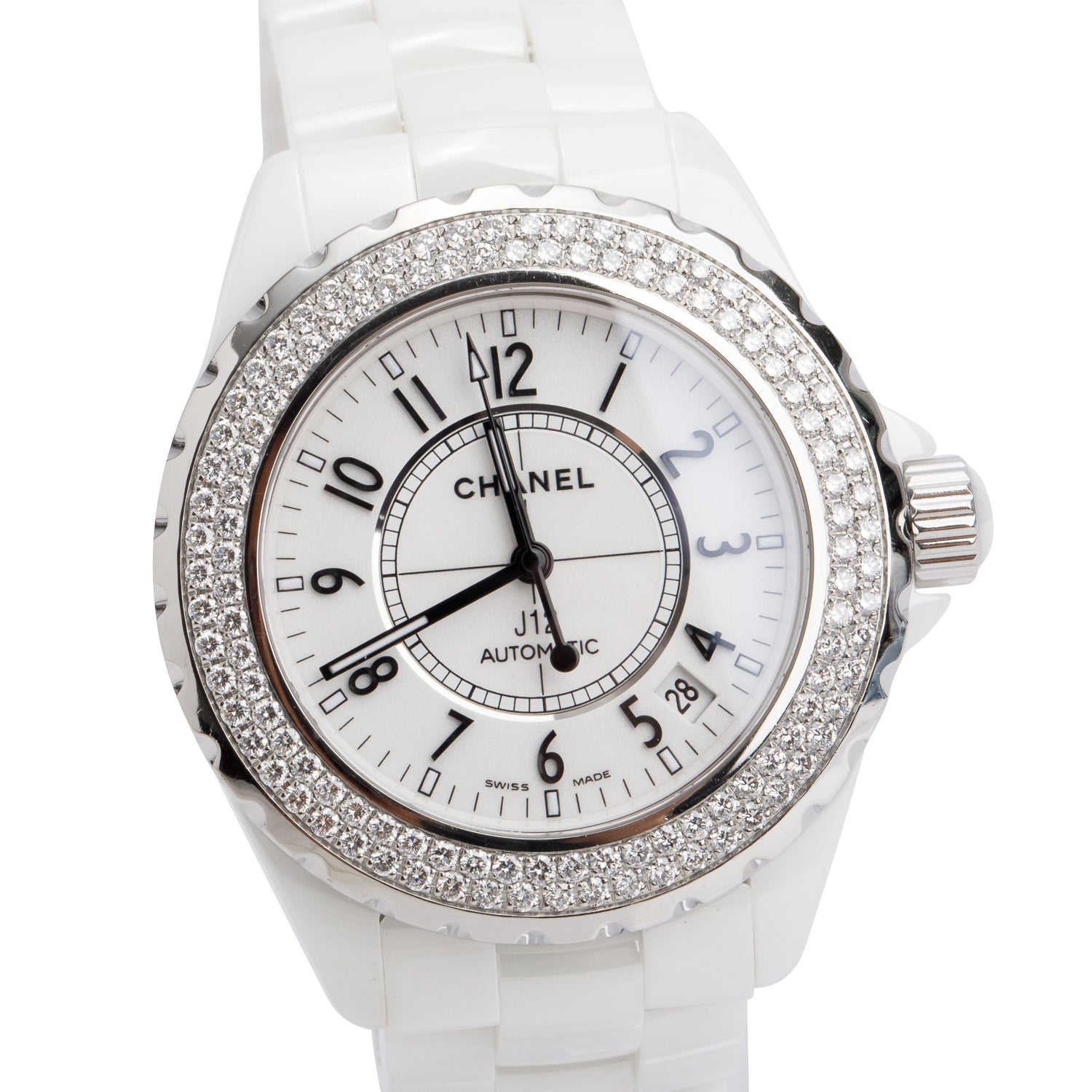 Chanel White Ceramic Diamond Bezel J12 38 MM Automatic Watch H0969