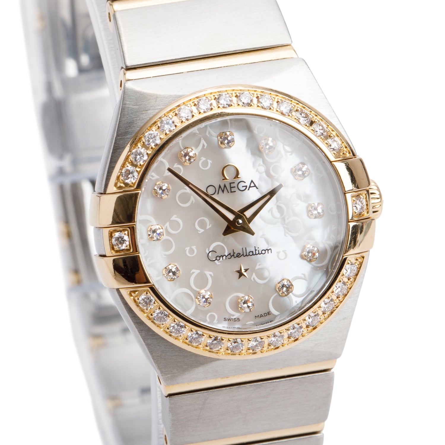Omega Stainless Steel & 18k Yellow Gold Diamond Bezel Constellation 24 MM Watch Diamond Mother of Pearl Dial w/ Box & Papers