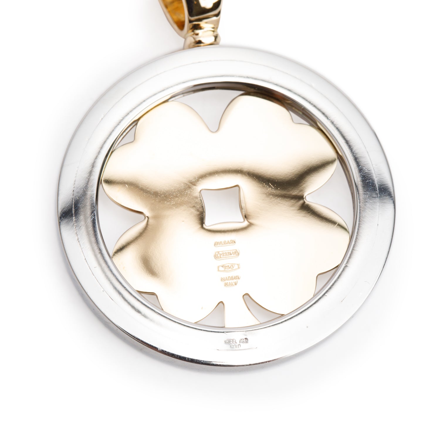 BVLGARI Stainless Steel & 18k Yellow Gold Tondo Four Leaf Clover Pendant w/ Box
