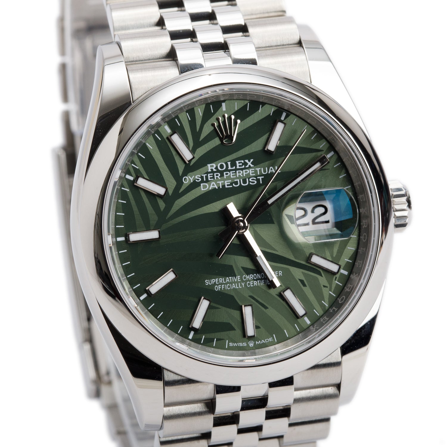 Rolex 2023 Stainless Steel Datejust 36 MM Automatic Watch Green Palm Dial 126200 w/ Box & Papers