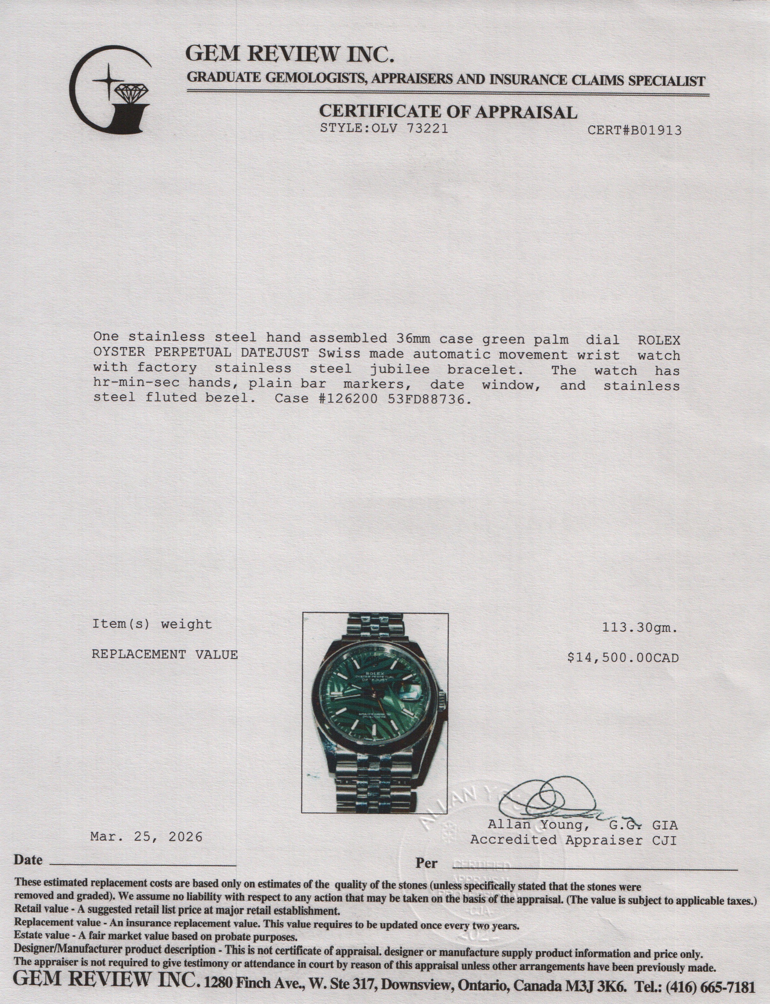 Rolex 2023 Stainless Steel Datejust 36 MM Automatic Watch Green Palm Dial 126200 w/ Box & Papers