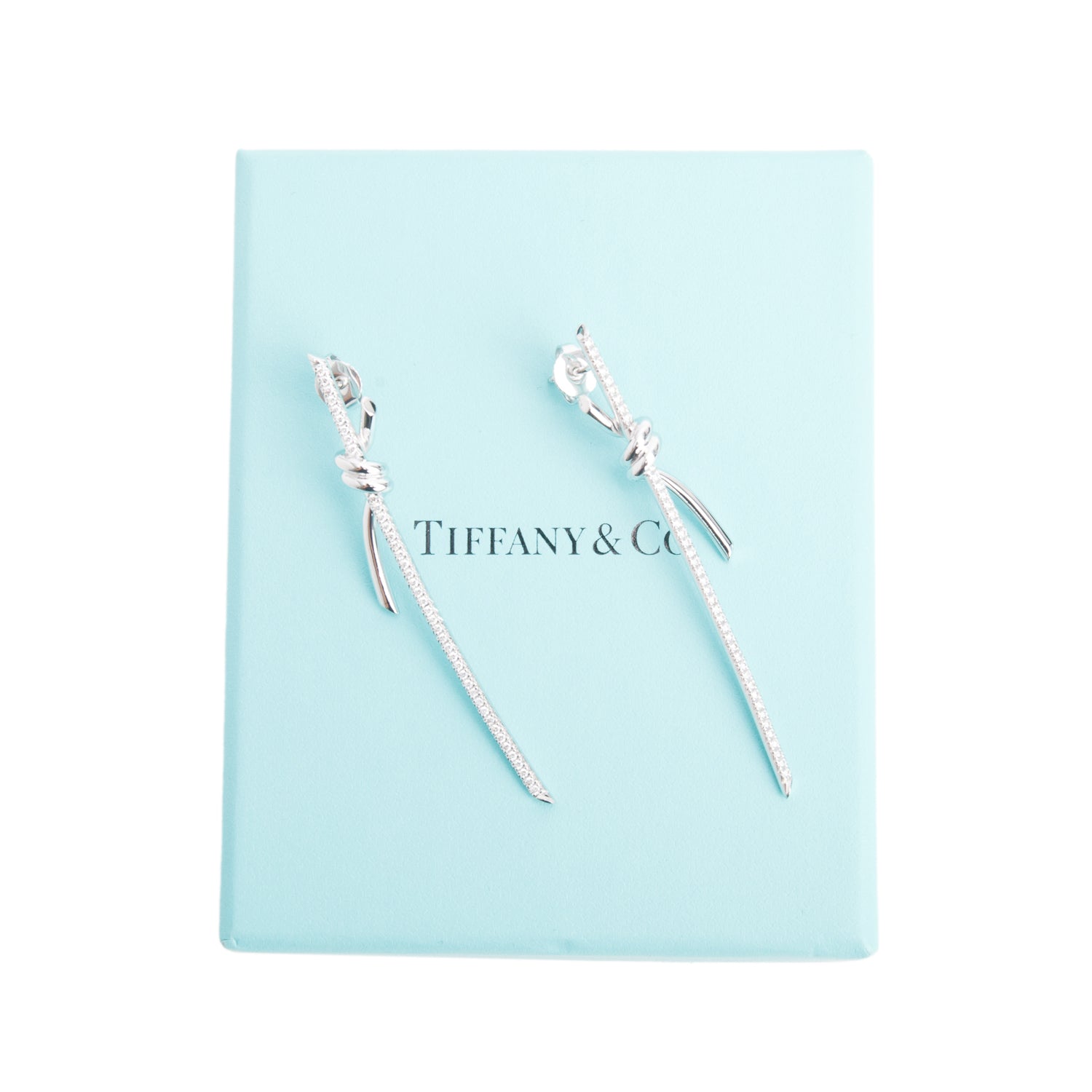 Tiffany & Co. 18k White Gold Diamond Knot Drop Earrings w/ Box
