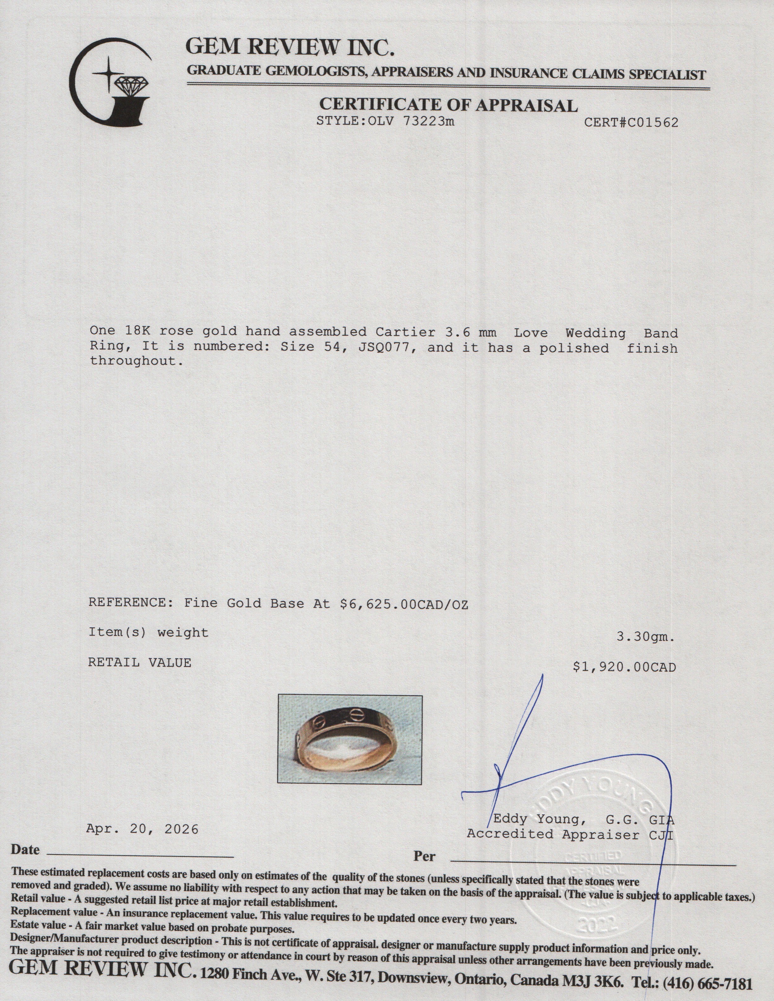 Cartier 2020 18k Rose Gold 3.6 mm Love Wedding Band Ring, Size 54 7 w/ Box & Certificate