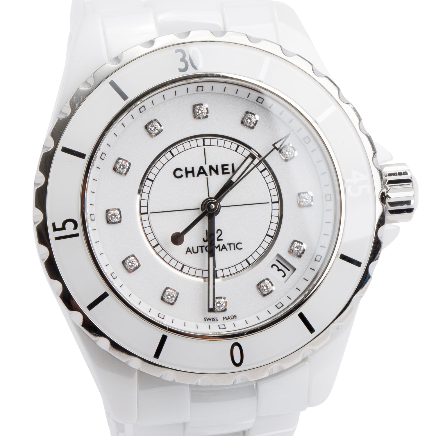 Chanel White Ceramic J12 38 MM Automatic Watch Diamond Dial