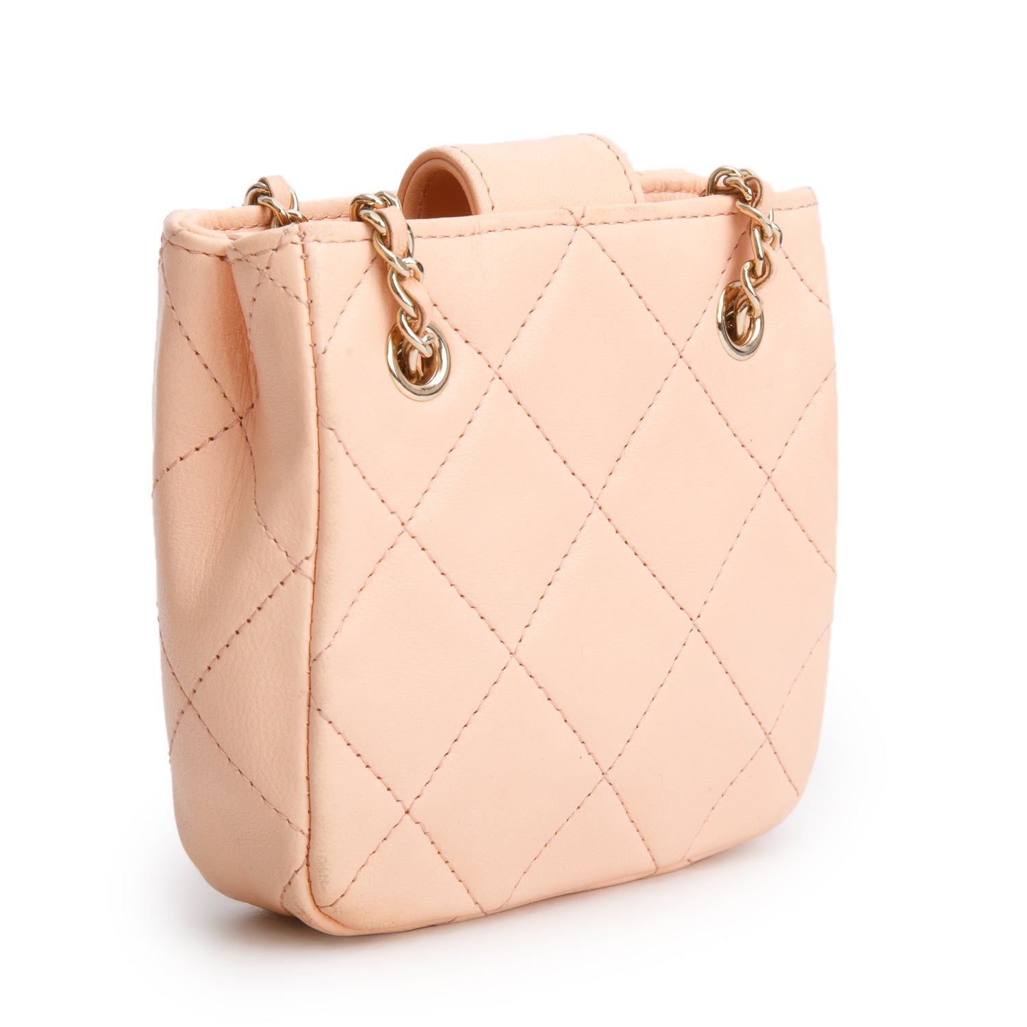 Chanel 2021 Peach Lambskin Quilted Tiny Shopping Bag Clutch w/ Chain