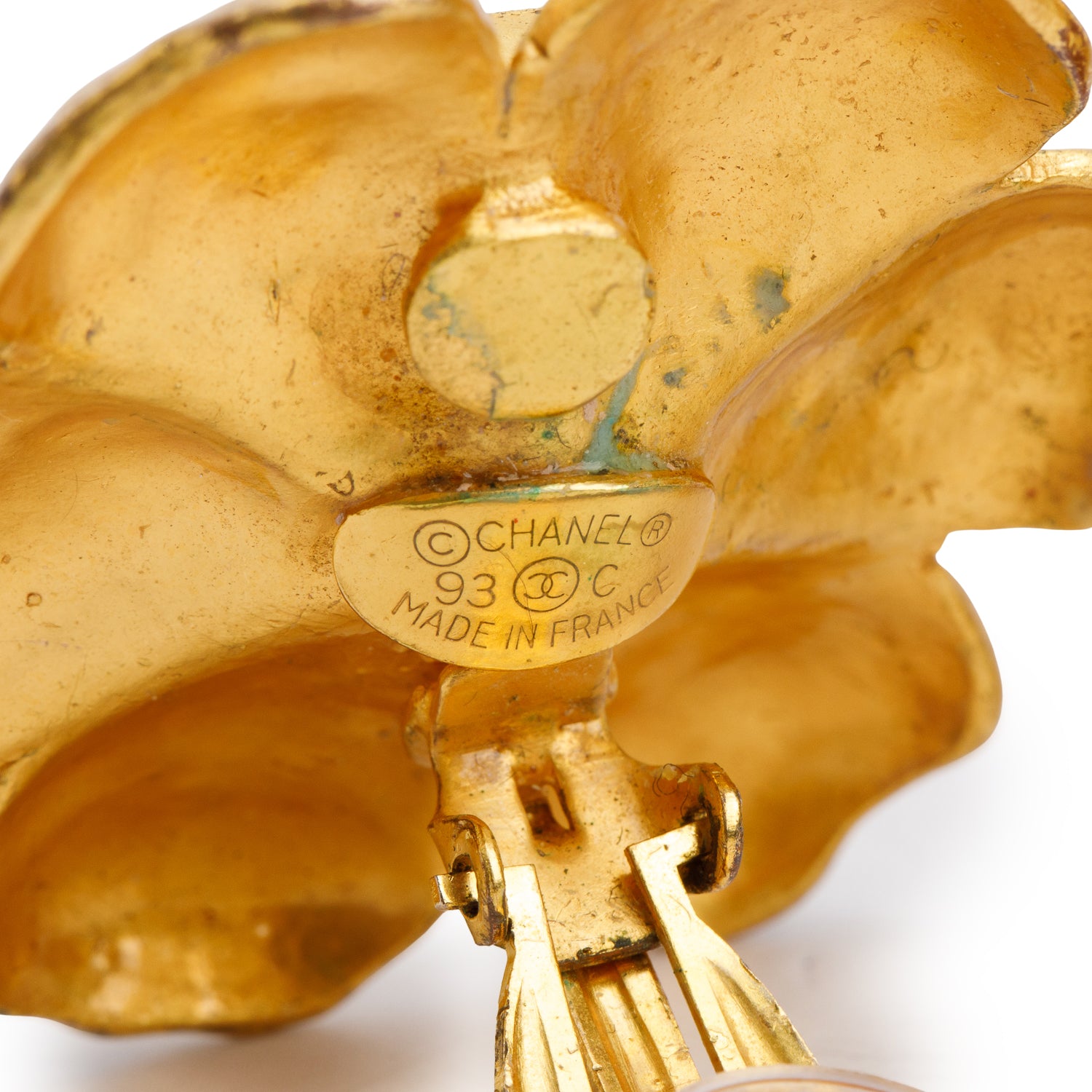 Chanel Vintage Gold Plated Faux Pearl Camellia Clip-On Earrings
