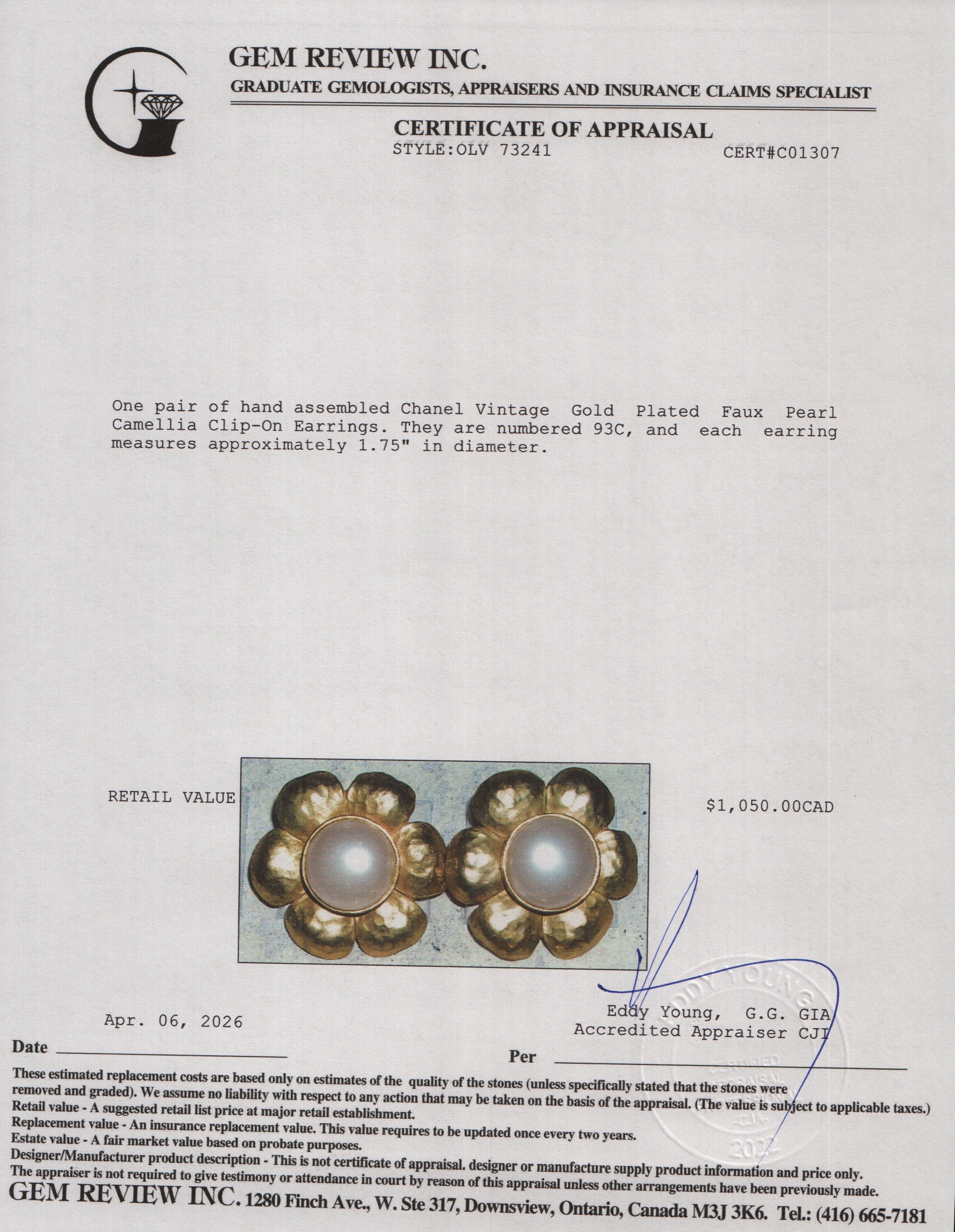 Chanel Vintage Gold Plated Faux Pearl Camellia Clip-On Earrings
