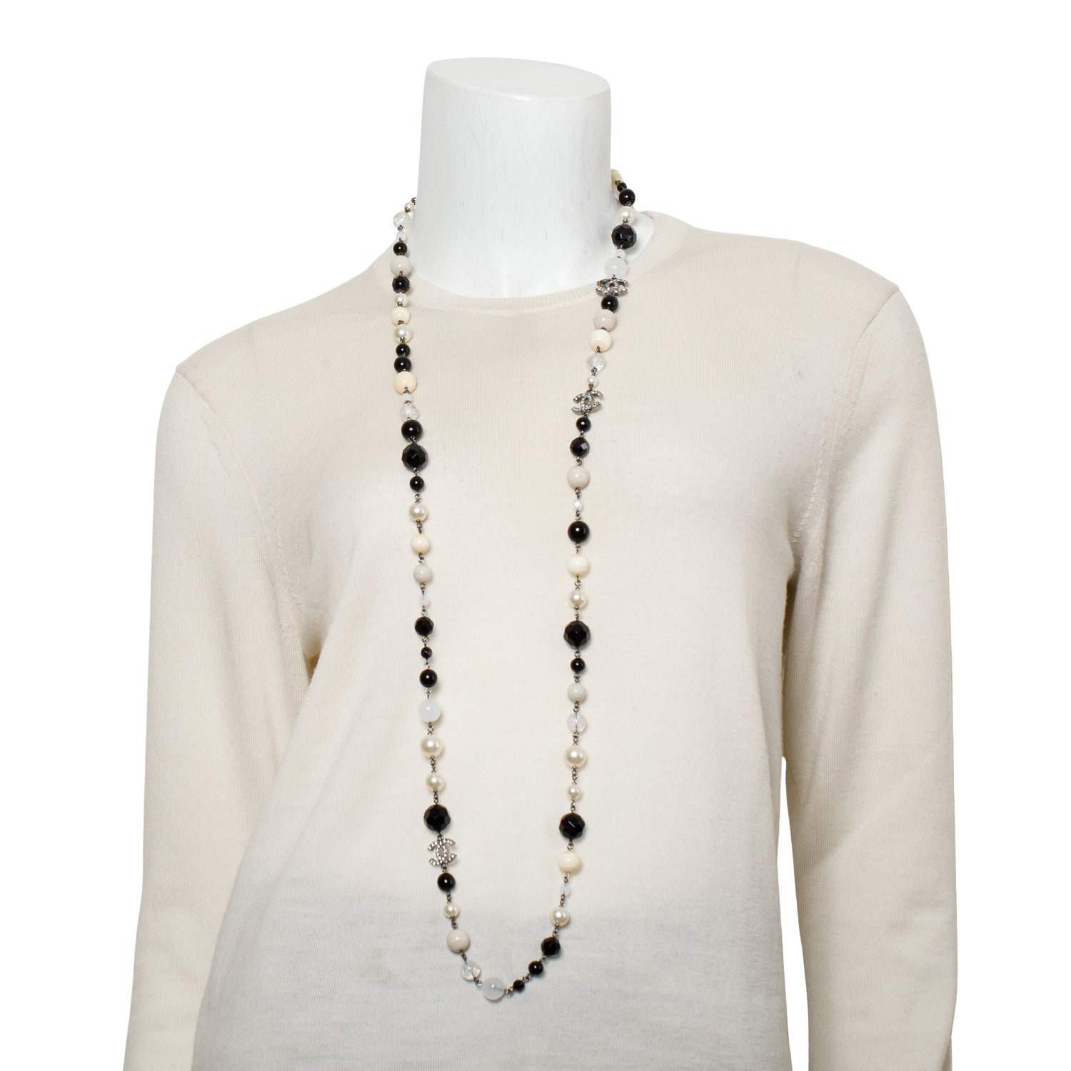 Chanel Ruthenium-Plated Faux Pearl & Resin Bead Strass CC Long Station Necklace w/ Box