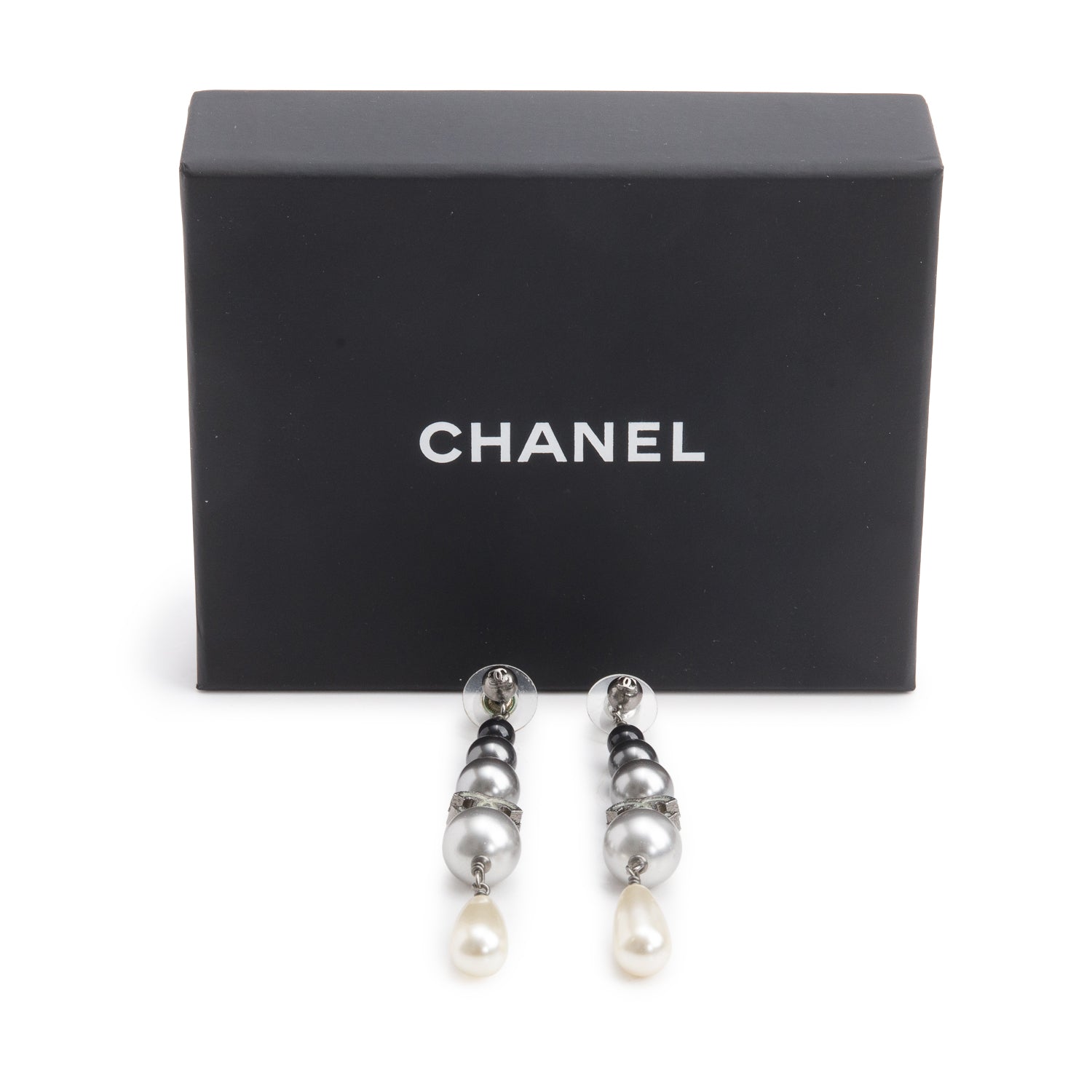 Chanel Ruthenium-Plated Black Resin Bead CC Drop Earrings w/ Box