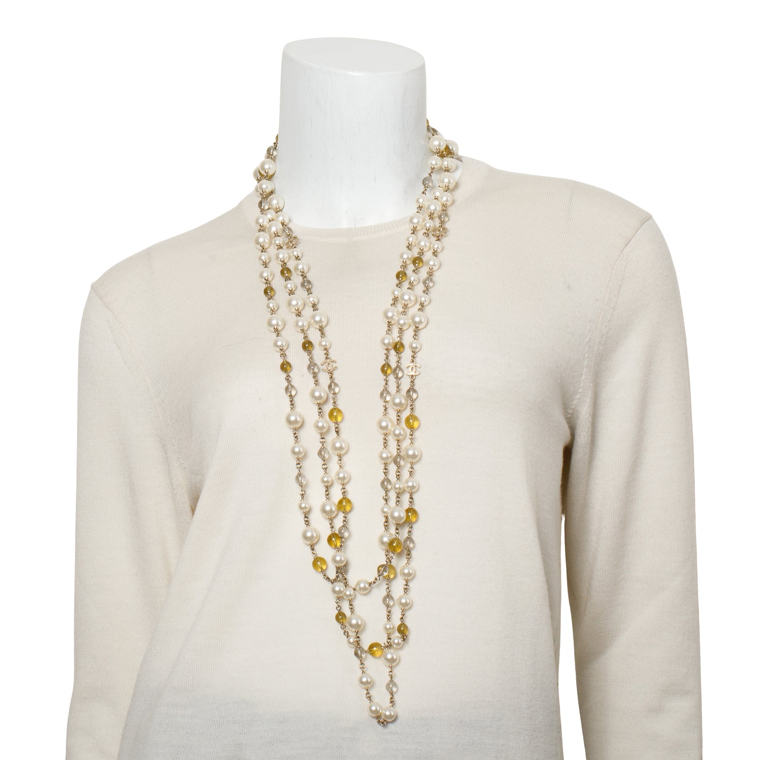 Chanel Gold-Plated Faux Pearl & Glass Bead CC Multistrand Necklace w/ Box