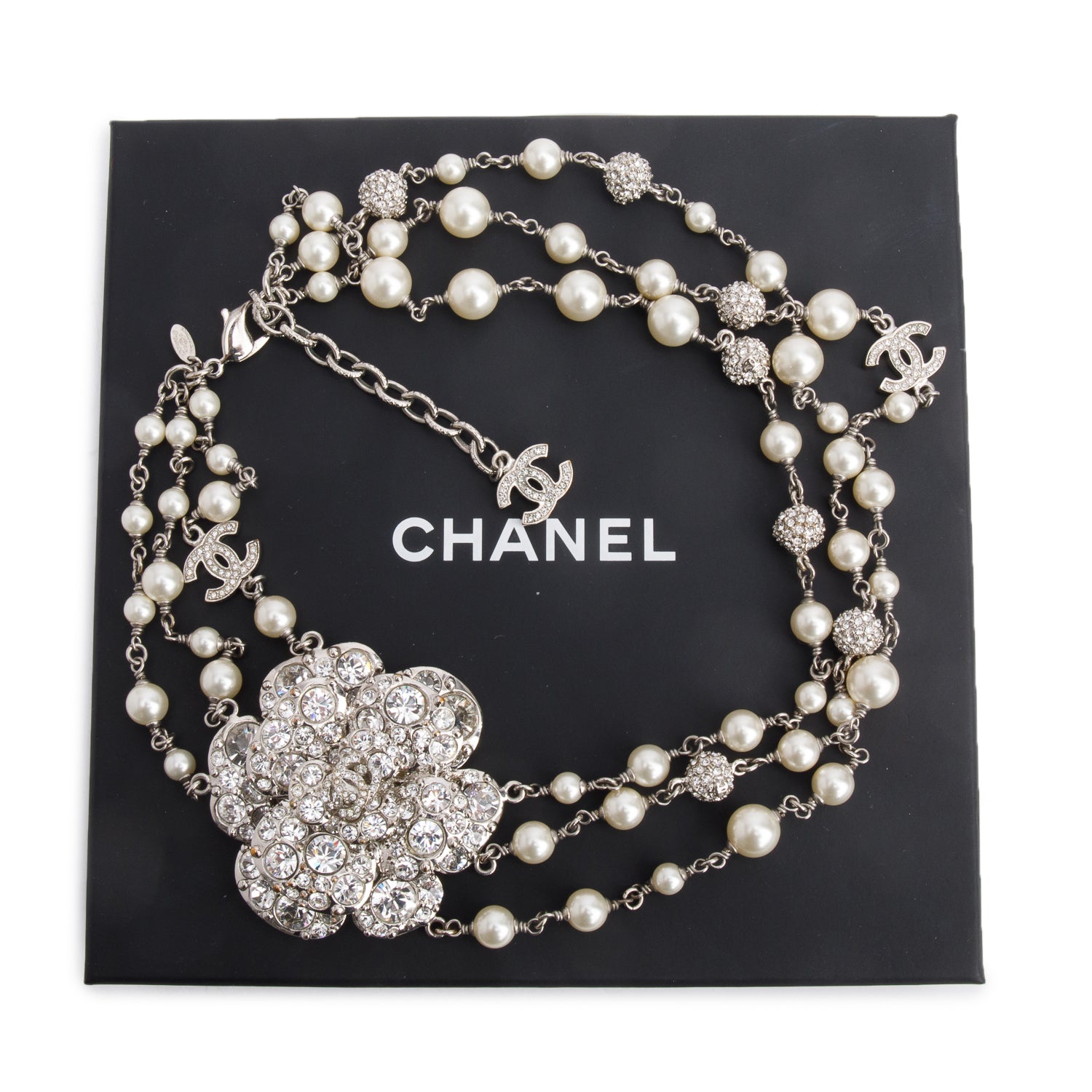 Chanel Palladium-Plated Faux Pearl & Strass CC Camellia Station Multistrand Choker Necklace w/ Box