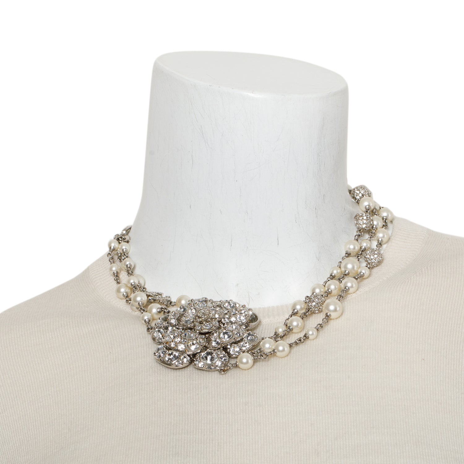 Chanel Palladium-Plated Faux Pearl & Strass CC Camellia Station Multistrand Choker Necklace w/ Box
