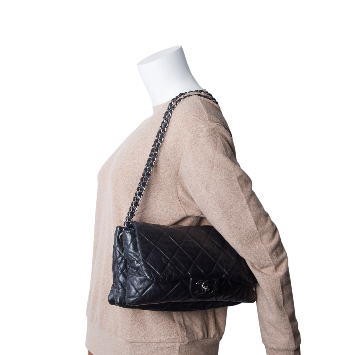 Chanel Black Lambskin Quilted 3 Accordion Flap Bag