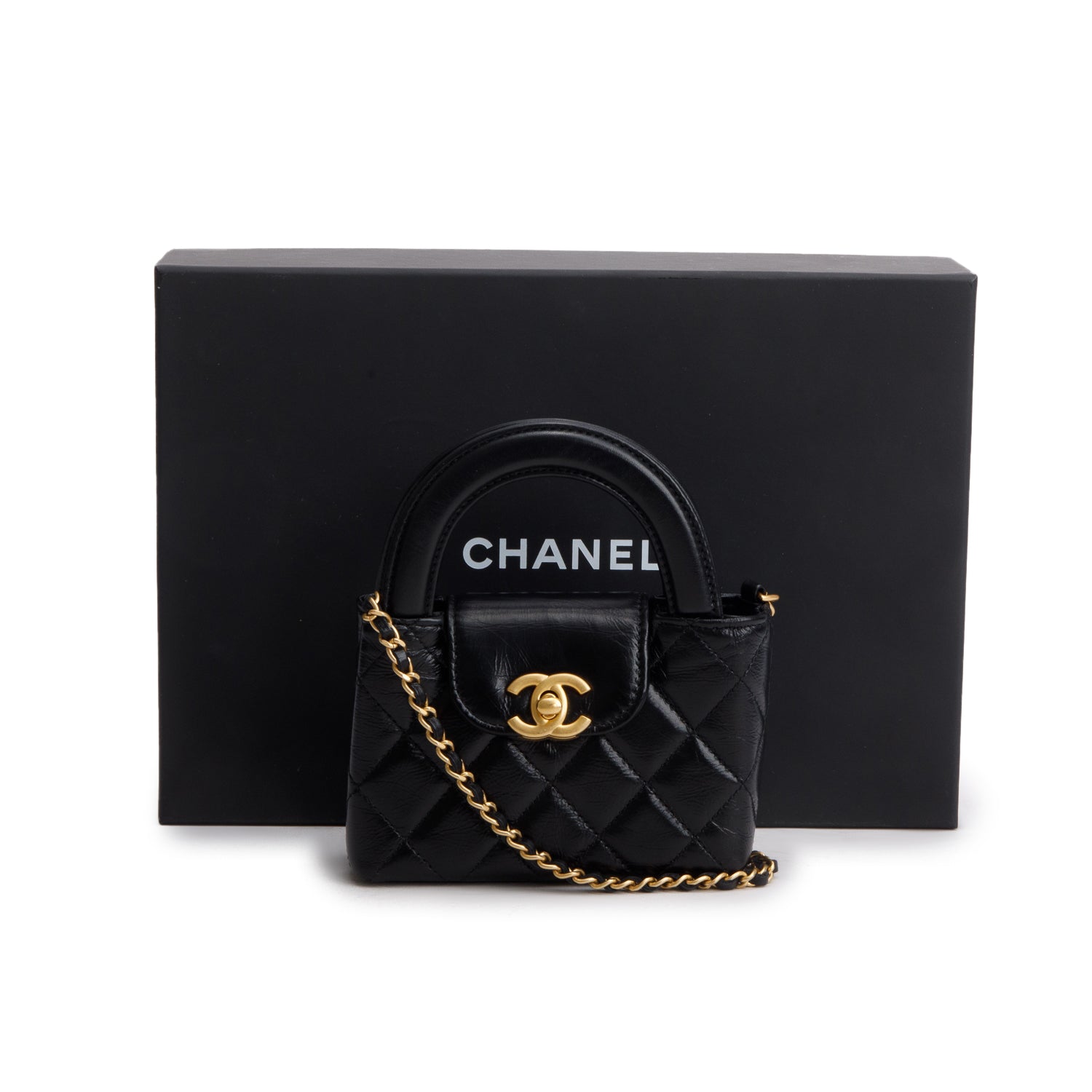Chanel Black Shiny Aged Calfskin Quilted Mini Nano Kelly Shopper w/ Box