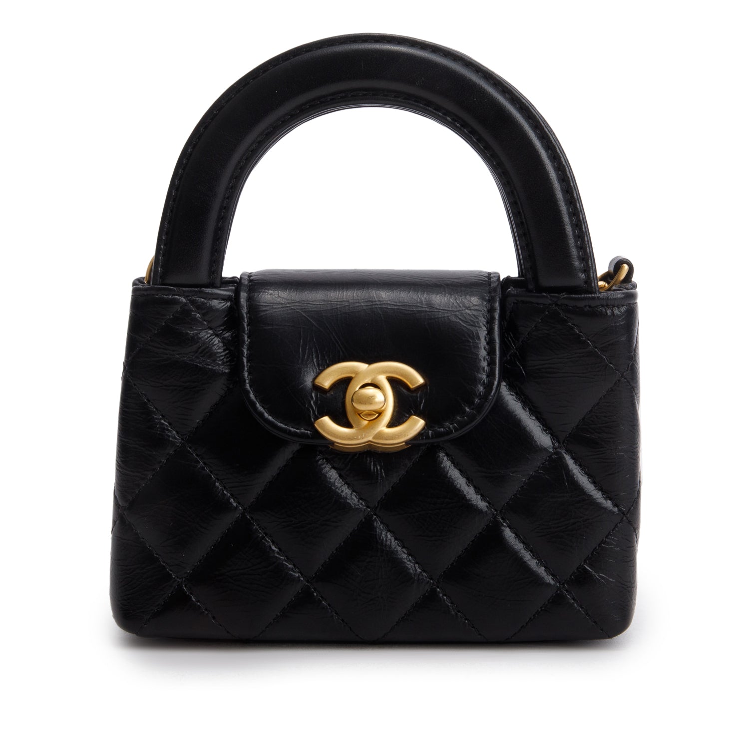 Chanel Black Shiny Aged Calfskin Quilted Mini Nano Kelly Shopper w/ Box
