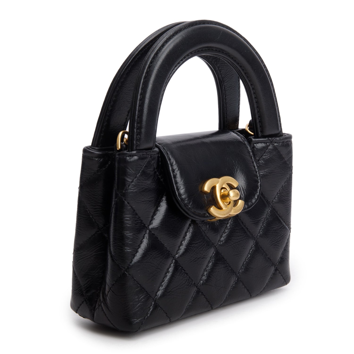 Chanel Black Shiny Aged Calfskin Quilted Mini Nano Kelly Shopper w/ Box