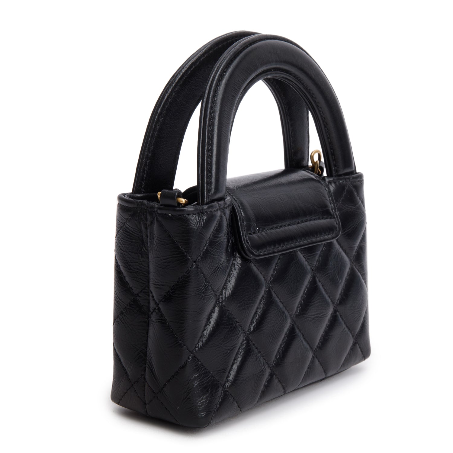 Chanel Black Shiny Aged Calfskin Quilted Mini Nano Kelly Shopper w/ Box
