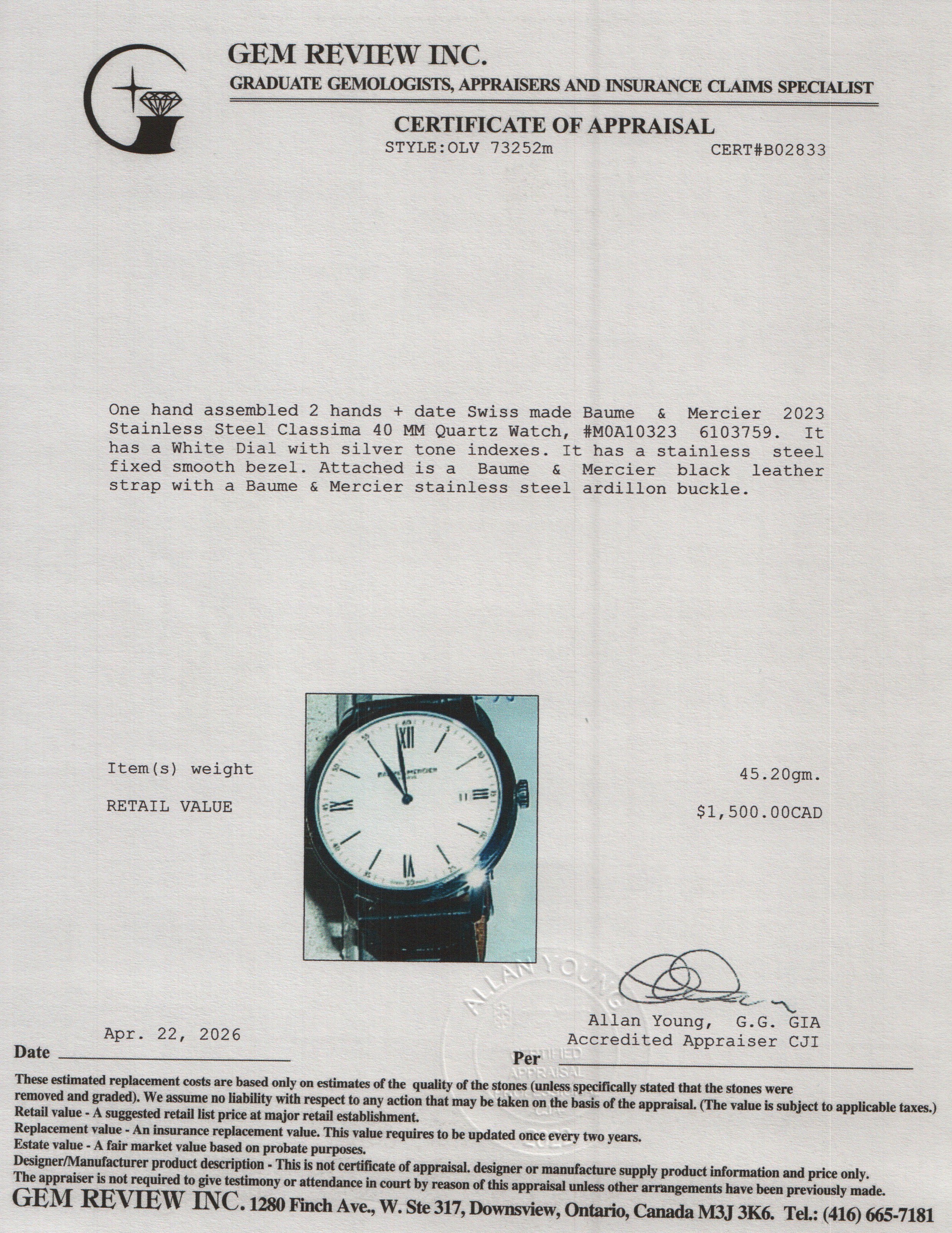 Baume & Mercier 2021 Stainless Steel Classima 40 MM Quartz Watch White Dial M0A10323 w/ Box & Papers