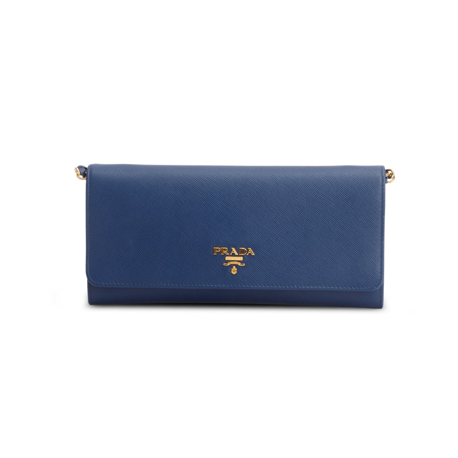 Prada Blue Saffiano Metal Oro Chain Wallet w/ Box