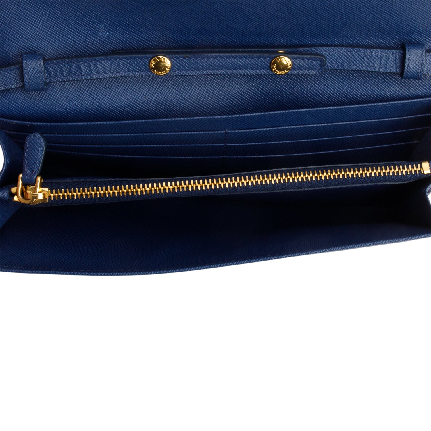 Prada Blue Saffiano Metal Oro Chain Wallet w/ Box