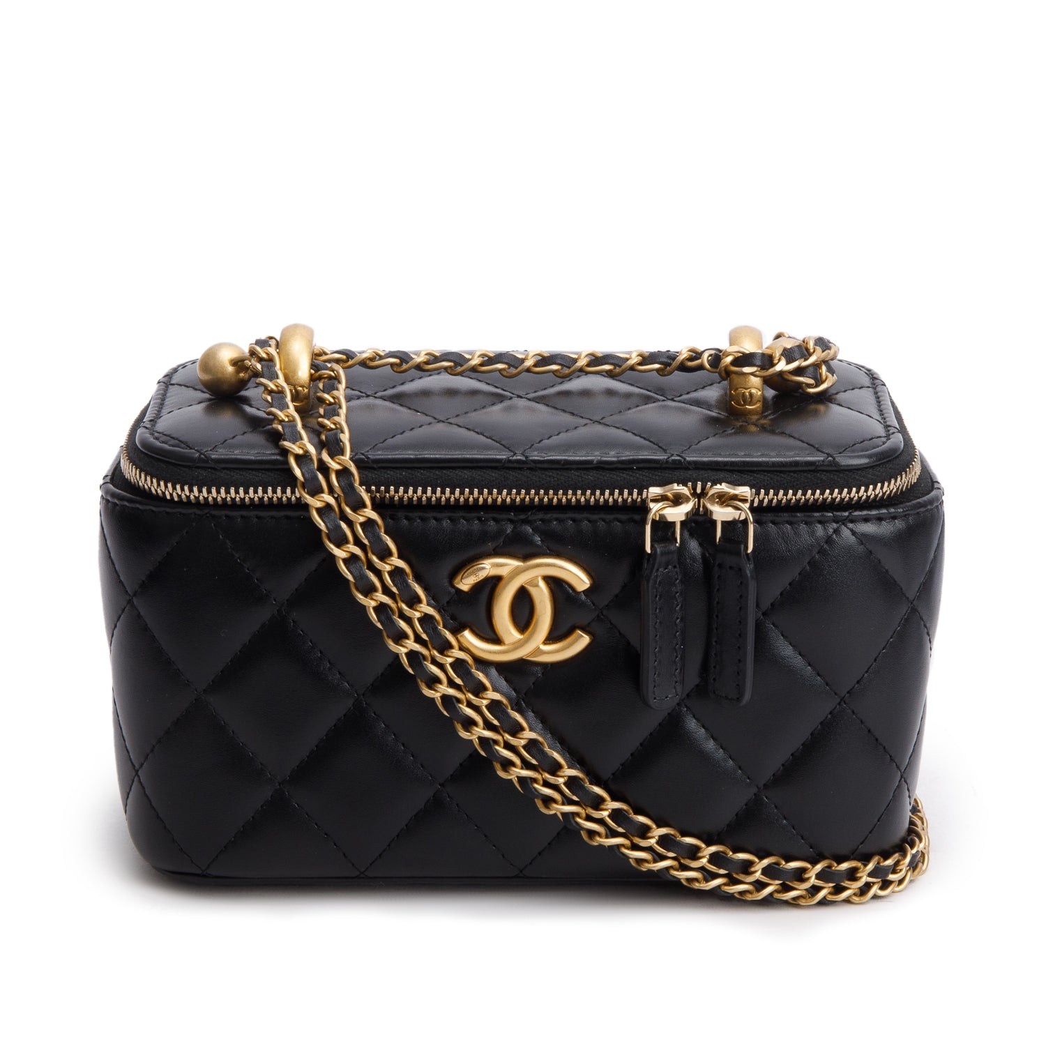 Chanel Black Lambskin Quilted Perfect Fit Vanity Case w/ Chain