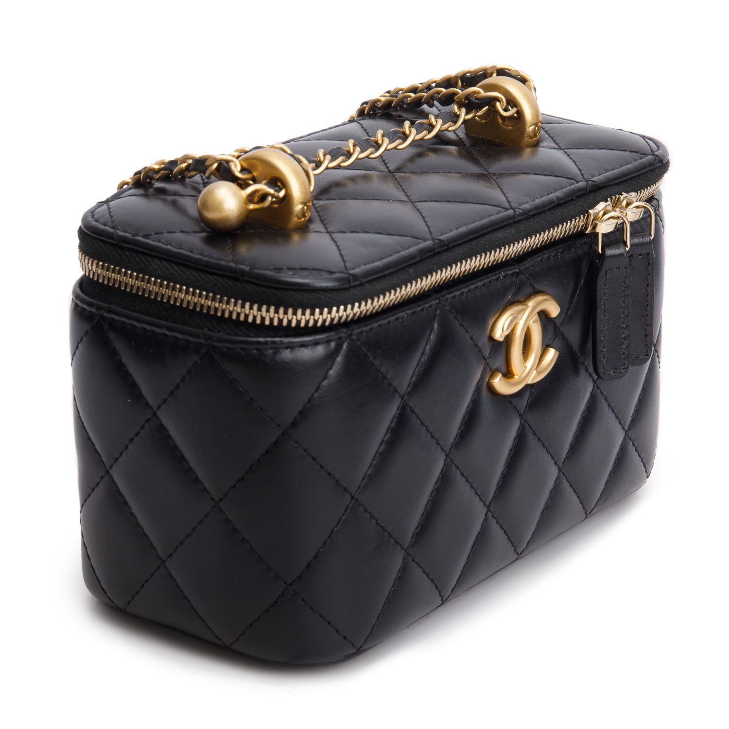 Chanel Black Lambskin Quilted Perfect Fit Vanity Case w/ Chain