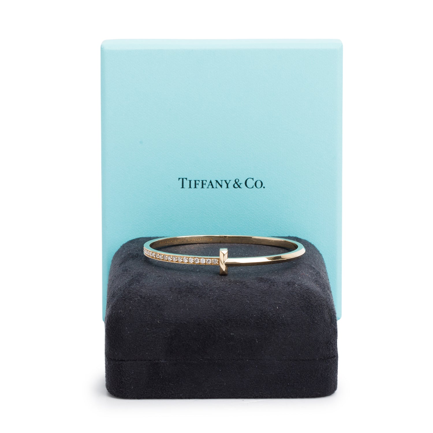 Tiffany & Co. 18k Yellow Gold Diamond T T1 Narrow Hinged Bangle w/ Box