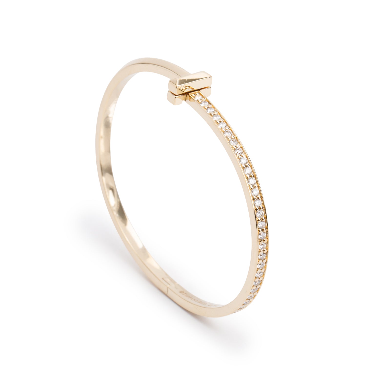 Tiffany & Co. 18k Yellow Gold Diamond T T1 Narrow Hinged Bangle w/ Box