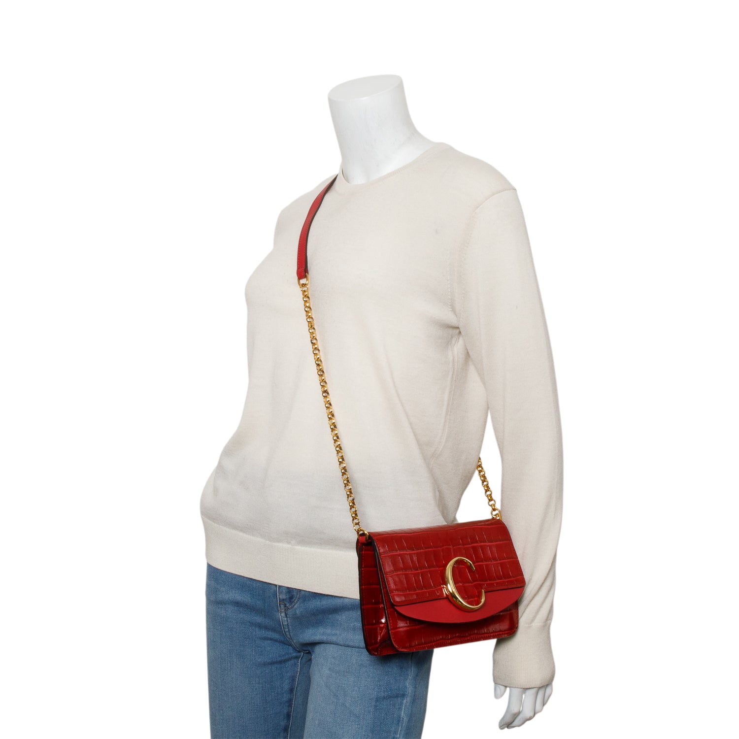 Chloe Red Calfskin Croc Embossed Small C Chain Clutch