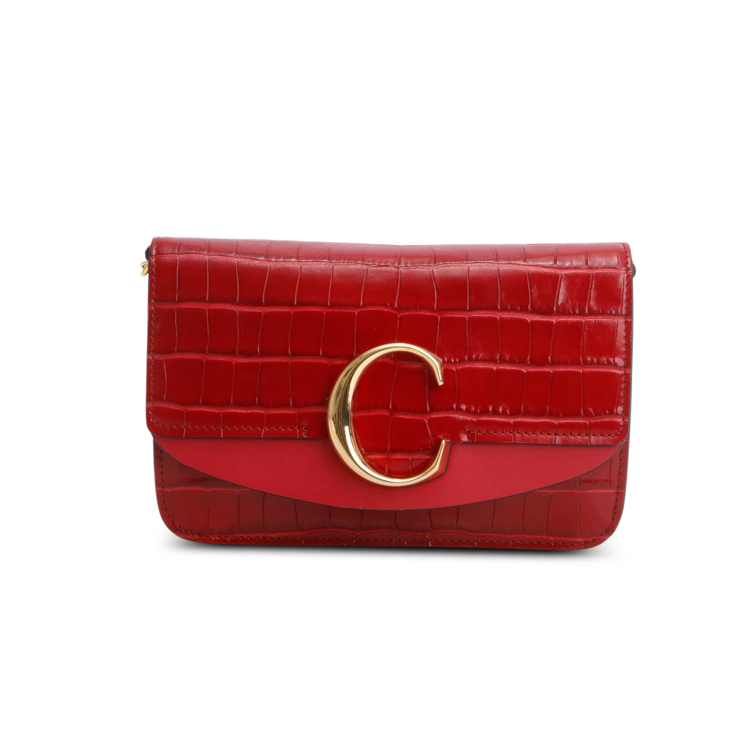 Chloe Red Calfskin Croc Embossed Small C Chain Clutch