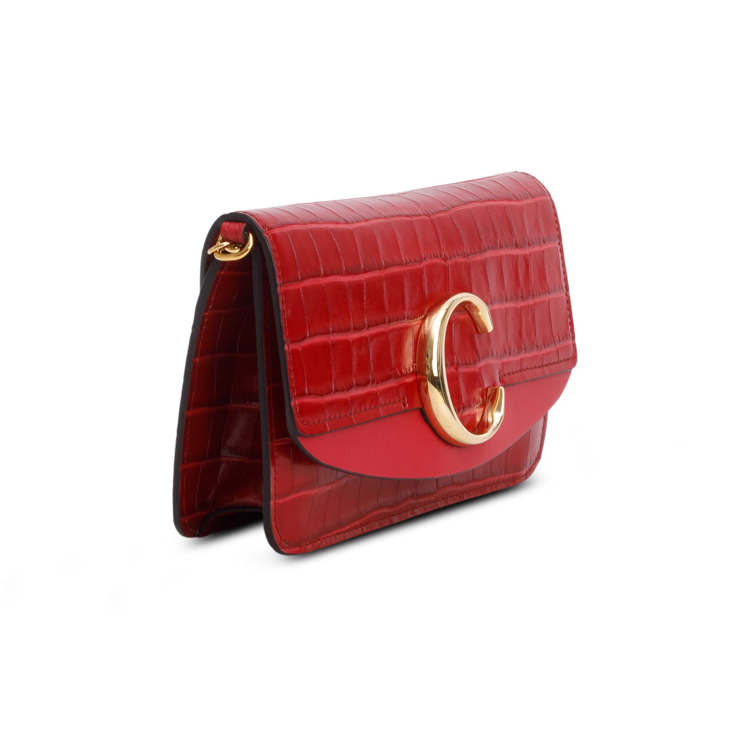 Chloe Red Calfskin Croc Embossed Small C Chain Clutch