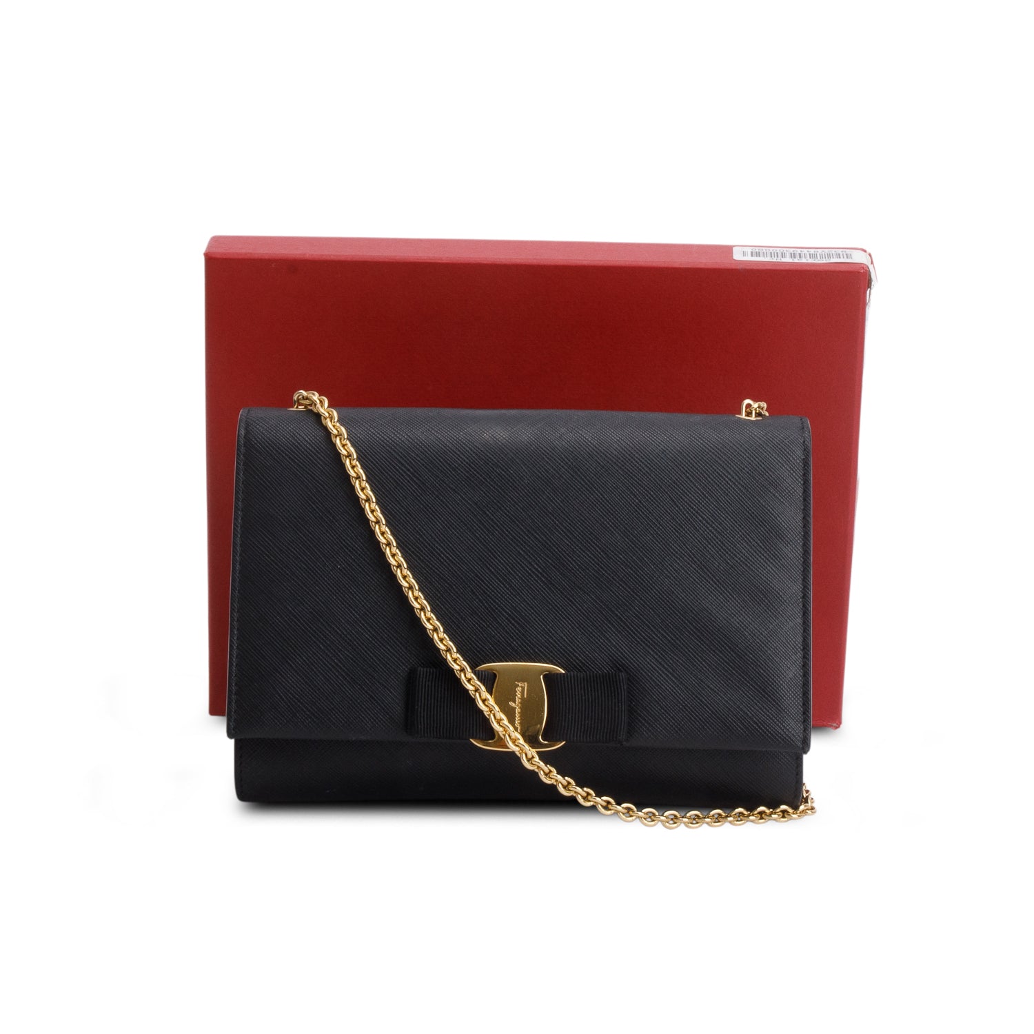 Ferragamo Black Hammered Calfskin Vara Bow Chain Flap Crossbody w/ Box