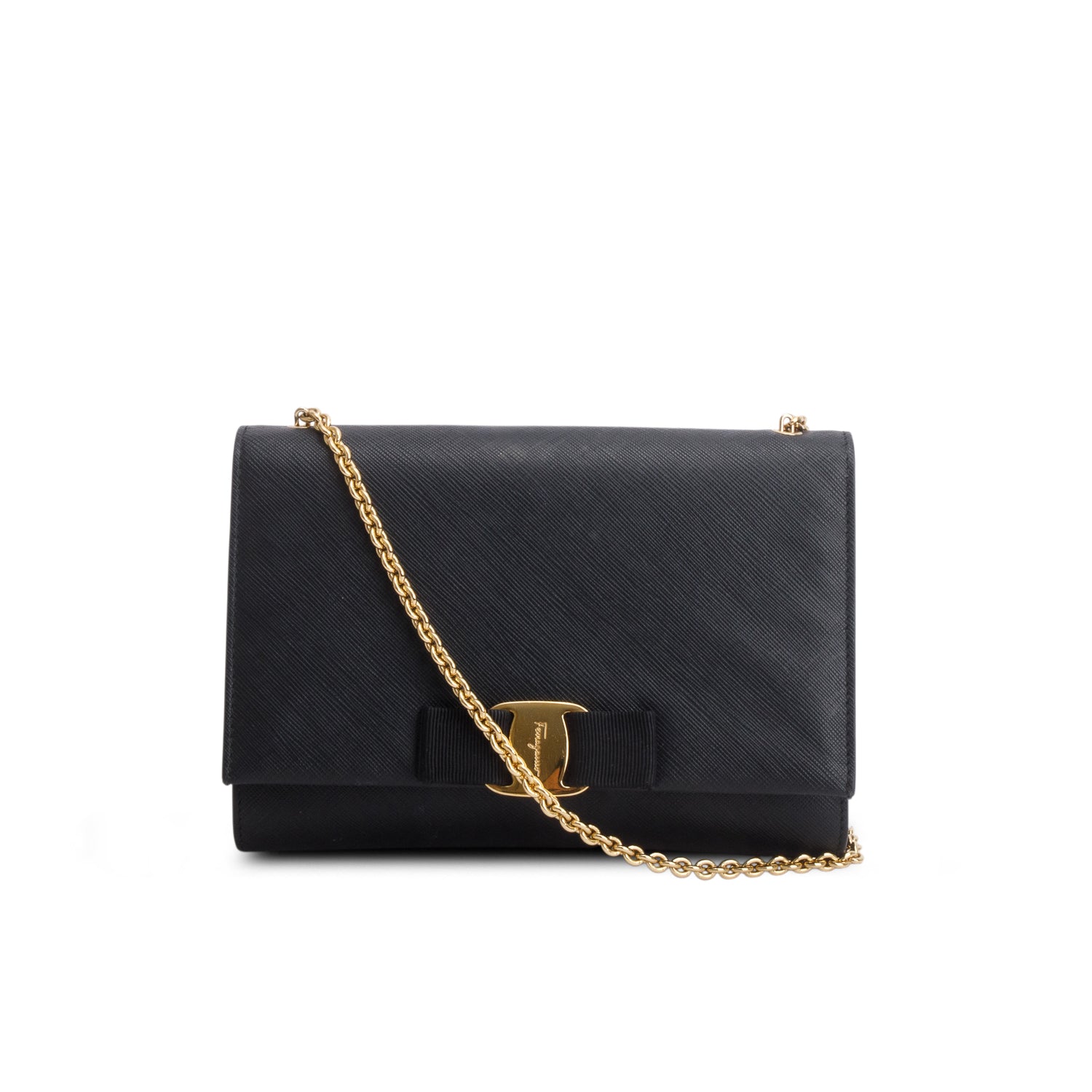 Ferragamo Black Hammered Calfskin Vara Bow Chain Flap Crossbody w/ Box